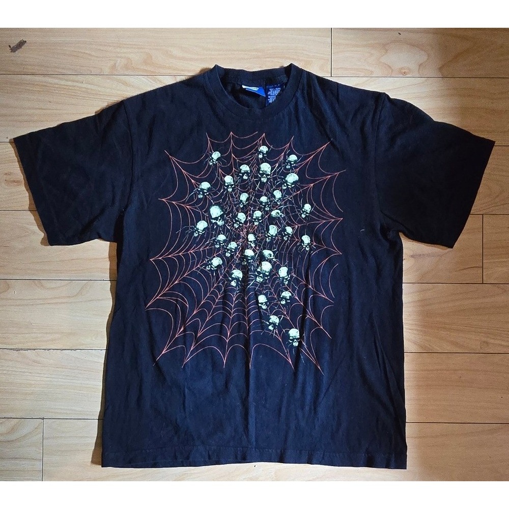 Vintage Y2K Greensource Orange Siderweb White Skull Black T-Shirt Men's Large
